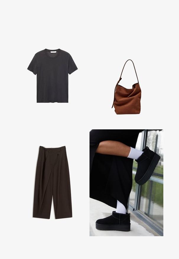 T-shirt nera a girocollo realizzata in cotone morbido. Maniche corte, vestibilità rilassata e orlo dritto senza decorazioni né motivi.; Pantaloni a gamba larga marrone scuro con vita alta, dotati di una chiusura con bottone singolo e una parte anteriore plissettata. Realizzati in tessuto leggero.; Stivaletti neri in suede con suola piatta, dotati di un pratico pull tab sul retro, indossati con calzini bianchi alla caviglia su uno sfondo minimalista.; Borsa a spalla in suede marrone con una forma morbida e informe e una lunga tracolla, caratterizzata da una texture sottile e liscia e senza accessori visibili.