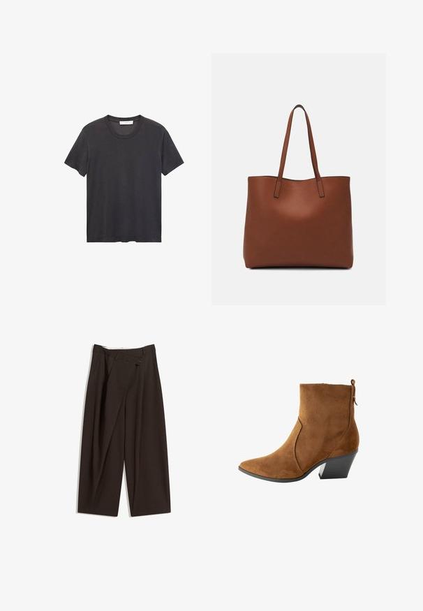 Tricou negru cu guler rotund, fabricat din bumbac moale. Mâneci scurte, croială lejeră și tiv drept, fără broderii sau modele.; Pantaloni largi de culoare maron închis, cu talie înaltă, având închiere cu un singur nasture și un față pliată. Confectionați dintr-un material ușor.; Botină din suede maro, cu vârf ascuțit, siluetă angulară și toc înălțat. Dispune de o închidere cu fermoar și o bandă de prindere în partea din spate.; Geantă de umăr din piele maro cu o textură netedă, design cu vârf deschis și două curele pentru umăr. Prezintă cusături minime și fără componente metalice vizibile.
