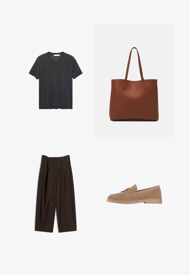 Tricou negru cu guler rotund, fabricat din bumbac moale. Mâneci scurte, croială lejeră și tiv drept, fără broderii sau modele.; Pantaloni largi de culoare maron închis, cu talie înaltă, având închiere cu un singur nasture și un față pliată. Confectionați dintr-un material ușor.; Mocasini din suede de un bej deschis, cu vârful rotund, având o curea decorativă și detalii în tonuri de aur, așezați pe o talpă din cauciuc ușor.; Geantă de umăr din piele maro cu o textură netedă, design cu vârf deschis și două curele pentru umăr. Prezintă cusături minime și fără componente metalice vizibile.