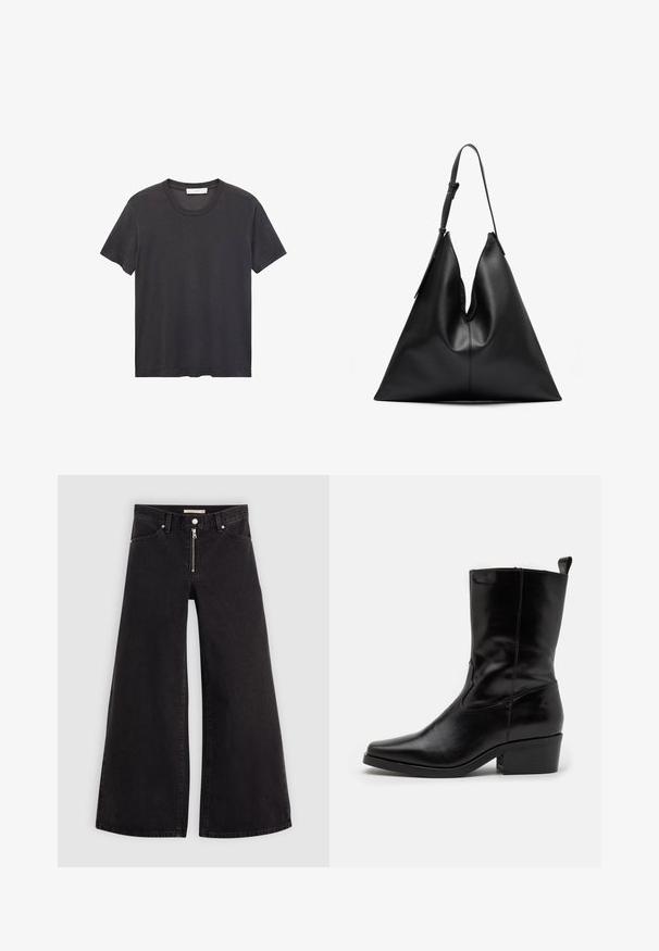 Crna majica s okruglim izrezom napravljena od mekanog pamuka. Kratki rukavi, opušteni kroj i ravni rub bez ukrasnih elemenata ili uzoraka.; Široke traperice od crnog denima s prednjim zatvaračem, dizajnom s pet džepova i suptilnim detaljima šivanja. Glatka tekstura i ležeran stil.; Crne kožne gležnjače s upijajućim vrhom, niskim blok petom i šivenim detaljima. Imaju bočne elastične panele za jednostavno obuvanje.; Crna kožna torbica u obliku trokuta s jednim podešavajućim remenom za rame i mekom, malo opuštenom strukturom.
