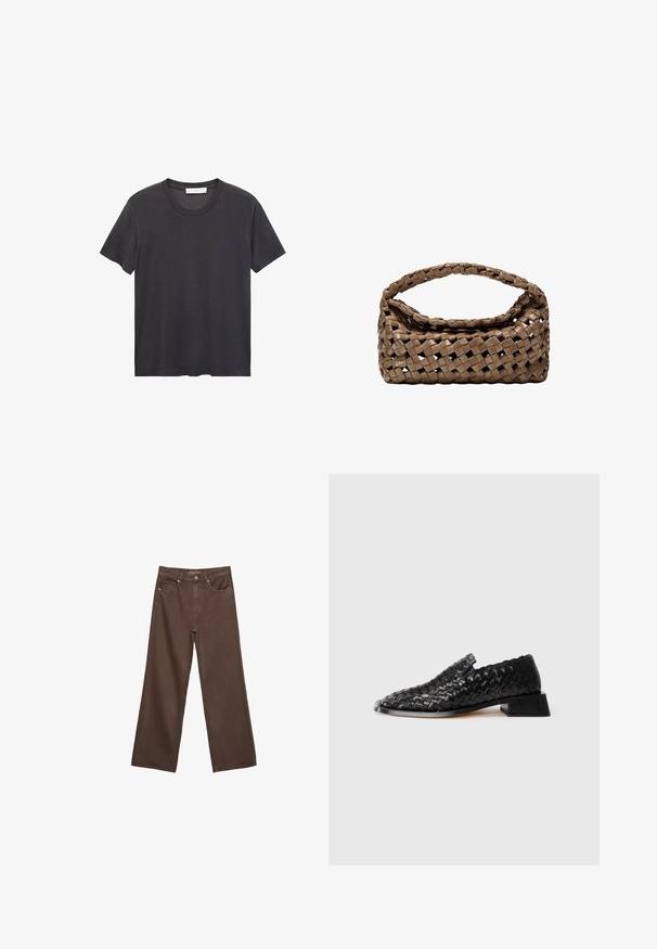 Svart t-shirt med rund halsringning tillverkad av mjuk bomull. Korta ärmar, avslappnad passform och rak fåll utan utsmyckningar eller mönster.; Breda bruna jeans i denim med hög midja, framfickor och klassisk knäppning. Slät textur med subtil sömnad.; Svart läder vävd slip-on sko med låg klack och scalloped kantdetalj, visad mot en vit bakgrund.; Vävd brun handväska med rektangulär form, strukturerat handtag och texturerad yta. Har en stängd topp och ett intrikat vävningmönster.