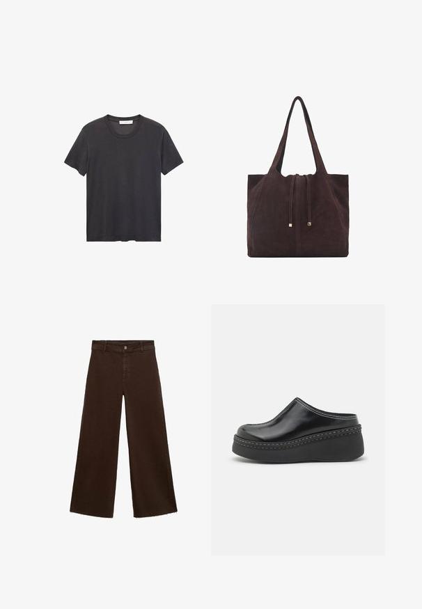 Črna majica s kratkimi rokavi in okroglo ovratnikom, izdelana iz mehkega bombaža. Ohlapen kroj, raven spodnji rob brez okrasnih elementov ali vzorcev.; Rjave široke hlače iz mešanice bombaža, z raztrganim robom, sprednjim gumbom in klasičnim dizajnom s petimi žepi. Minimalistične in vsestranske.; Črne lesketajoče platformne klopice z zaobljenim prstom, upognjenim zgornjim delom in kontrastnim belim šivom ob robu podplata.; Mango Torba za nakupovanje - dark brown