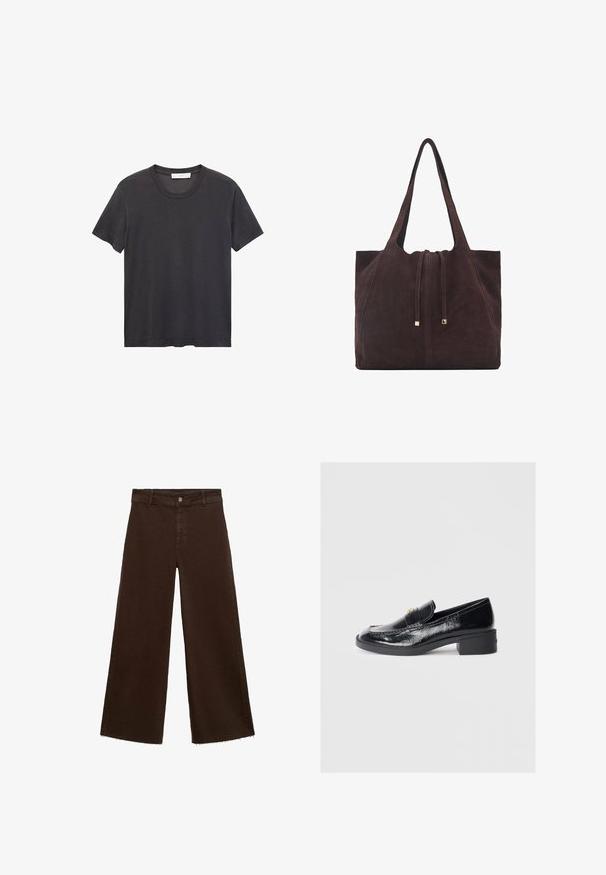 Schwarzes Rundhals-T-Shirt aus weicher Baumwolle. Kurze Ärmel, lockere Passform und gerader Saum ohne Verzierungen oder Muster.; Braune, weit geschnittene Hosen aus Baumwollmischung mit fransigem Saum, vorderem Knopfverschluss und klassischem Fünf-Taschen-Design. Minimalistisch und vielseitig.; Schwarze Lacklederslipper mit einem niedrigen Blockabsatz, die ein gesticktes Design und goldfarbene dekorative Akzente auf dem Obermaterial aufweisen.; Mango Shopping Bag - dark brown