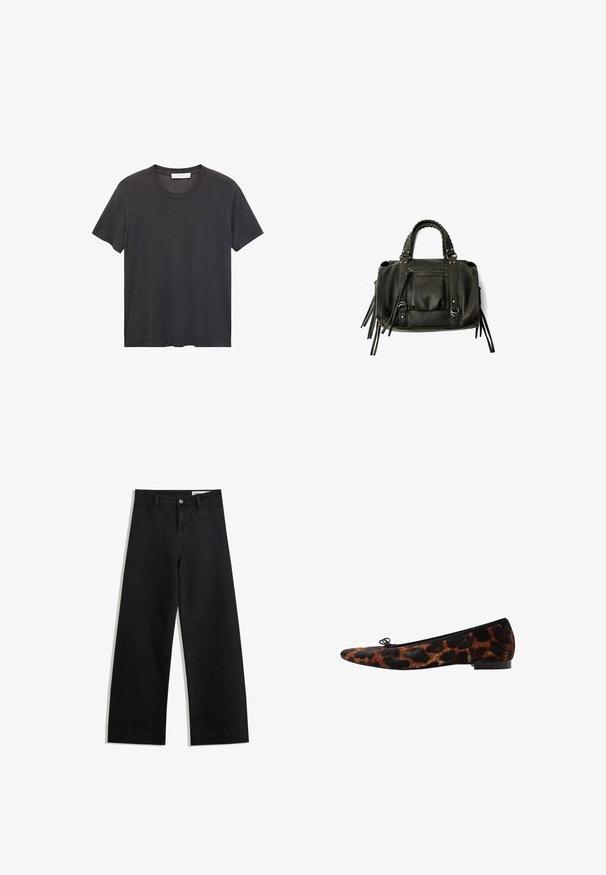 Black crew-neck t-shirt made of soft cotton. Short sleeves, relaxed fit, and straight hem with no embellishments or patterns.; Black wide-leg denim pants with a high waist, featuring front and back pockets, stitched seams, and a button closure. Smooth texture.; Leopard print flat shoe with a pointed toe, black trim, and a small bow detail on the upper, featuring a textured fabric design.; Black leather handbag with braided handles, zipper pocket, and hanging tassels. Textured surface with metal studs and hardware accents.