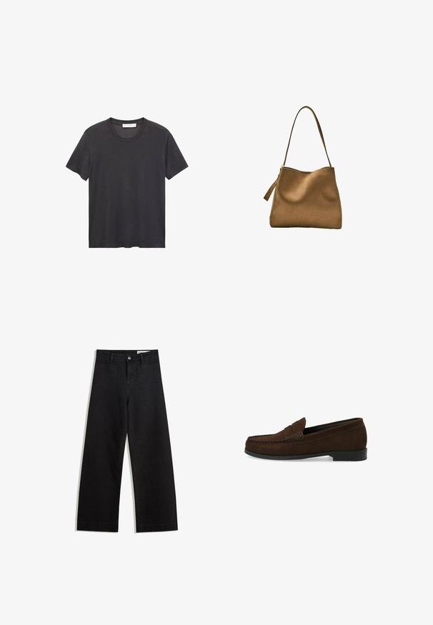 Svart t-shirt med rund halsringning tillverkad av mjuk bomull. Korta ärmar, avslappnad passform och rak fåll utan utsmyckningar eller mönster.; Svarta vida denimbyxor med hög midja, med fram- och bakfickor, sydda sömmar och knappstängning. Slät textur.; Bruna mockasiner i mocka med en sydd moccasin-tå, platt svart gummisula och en dekorativ övre rem och detalj.; Brun mockaskinnväska med en slät yta, rundad topp och en lång, platt axelrem. Har en dragkedjeöppning på ena sidan.