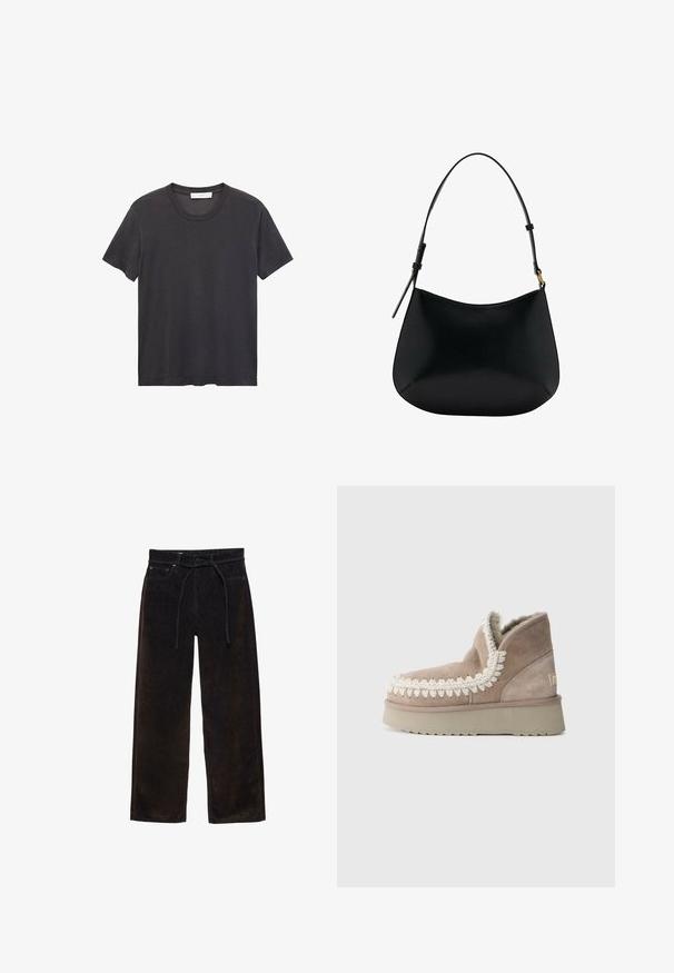 Svart t-shirt med rund halsringning tillverkad av mjuk bomull. Korta ärmar, avslappnad passform och rak fåll utan utsmyckningar eller mönster.; Svart vida byxor gjorda av mjukt material, med elastisk midja och en minimalistisk design utan synliga mönster eller dekorationer.; Brun mockaläders ankelboot med en mjuk foder och dekorativt vitt sömnad runt kragen. Har en tjock, texturerad sula.; Svart läder axelväska med en slät yta, böjd form och justerbart handtag. Har minimalt med sömmar och en enkel design.
