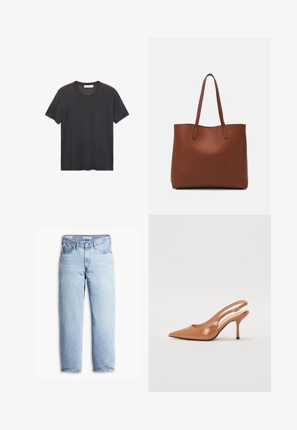 Black crew-neck t-shirt made of soft cotton. Short sleeves, relaxed fit, and straight hem with no embellishments or patterns.; Light blue high-waist straight-leg denim jeans with belt loops, front button, zipper closure, and five pockets.; Pointed toe slingback heel in a smooth, glossy tan material. Features a curved cutout design and a slender stiletto heel. Silver buckle detail.; Brown leather tote bag with a smooth texture, open top design, and two shoulder straps. Features minimal stitching and no visible hardware.