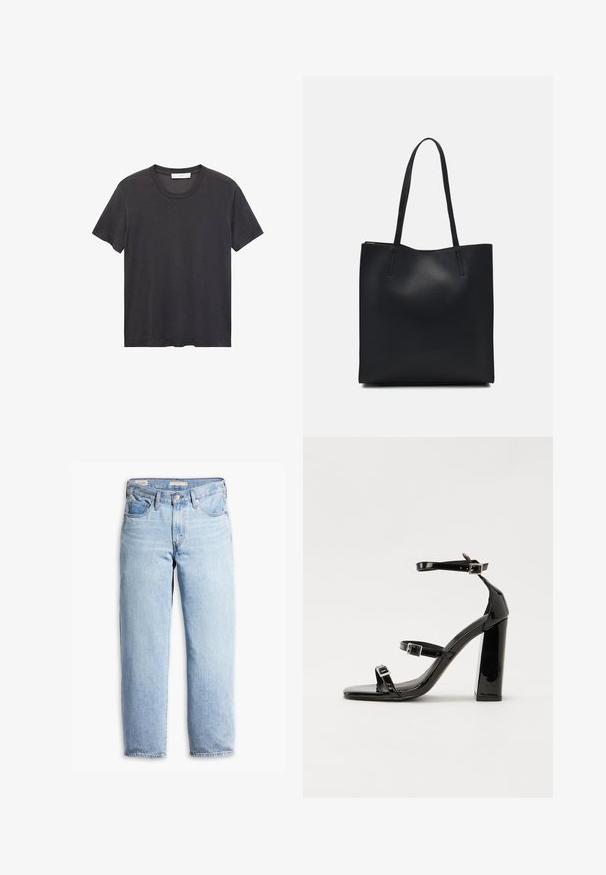 Czarna koszulka bawełniana z okrągłym dekoltem. Krótkie rękawy, luźny krój i prosty dół bez ozdób czy wzorów.; Jasnoniebieskie dżinsy o wysokim stanem z prostymi nogawkami, z szlufkami na pasek, z przodem na guzik i suwakiem oraz pięcioma kieszeniami.; Czarne lakierowane sandały na obcasie z kwadratowym noskiem, z paskami wokół kostki i srebrnymi klamrami. Posiadają masywny słupek dla stabilności.; Czarna skórzana torba tote o gładkiej fakturze, prostokątnym kształcie i dwóch długich uchwytach. Brak widocznych elementów metalowych i ozdób.