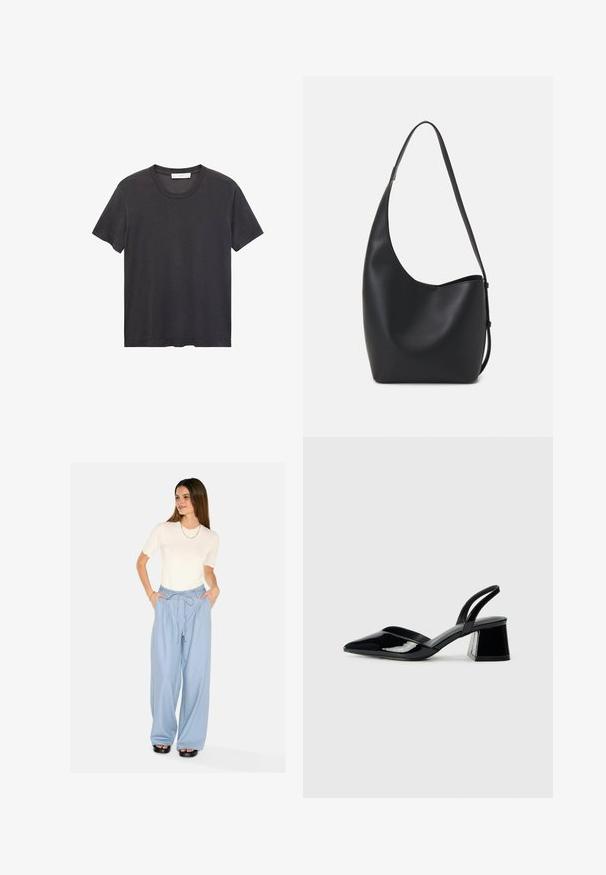 Black crew-neck t-shirt made of soft cotton. Short sleeves, relaxed fit, and straight hem with no embellishments or patterns.; Light blue wide-leg trousers with a drawstring waist and side pockets. Paired with a white scalloped-hem short-sleeve shirt. Black platform sandals.; Black patent leather slingback heels with a pointed toe and a geometric block heel. Features a sleek, minimal design and smooth texture.; Black leather hobo bag with a smooth texture, curved shape, and single adjustable strap; features a wide opening at the top.