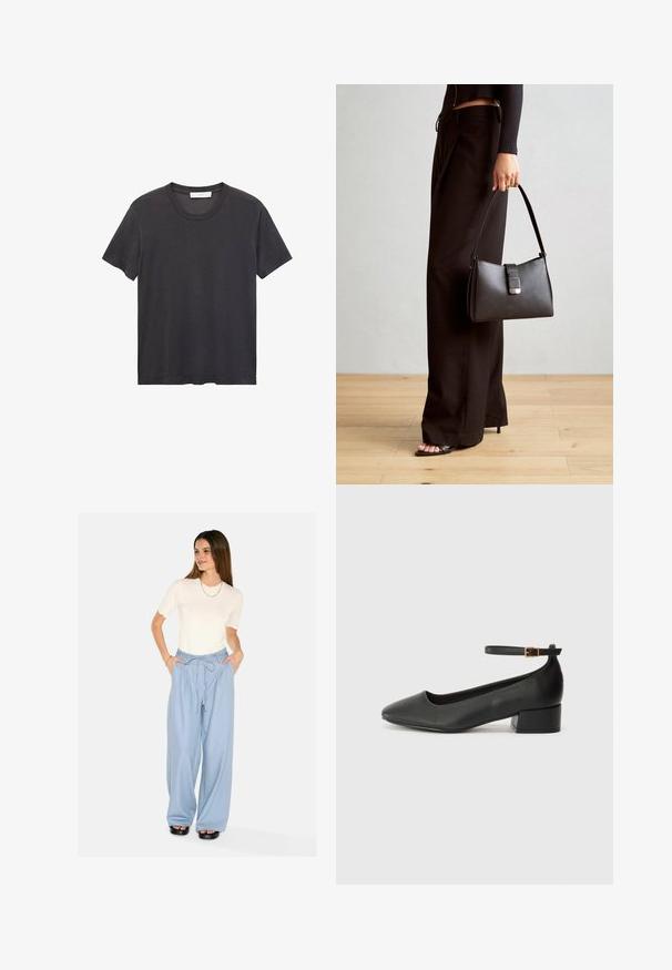 Schwarzes Rundhals-T-Shirt aus weicher Baumwolle. Kurze Ärmel, lockere Passform und gerader Saum ohne Verzierungen oder Muster.; Himmelblaue weite Hosen mit einem Kordelzugbund und seitlichen Taschen. Kombiniert mit einem weißen Kurzarmhemd mit gewelltem Saum. Schwarze Plateausandalen.; Schwarze Lederpumps mit spitzem Zehenbereich und niedrigem Blockabsatz. Mit einem Knöchelriemen und einer goldfarbenen Schnalle. Glatte Textur.; Schwarze Handtasche mit strukturierter Form, glatter Textur und einem metallischen Verschluss. Kombiniert mit weiten schwarzen Hosen und offenen Sandalen auf einem Holzboden.