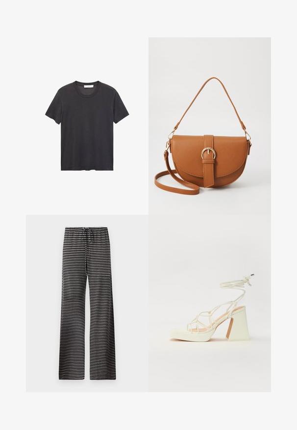 Zwarte crew-neck t-shirt gemaakt van zachte katoen. Korte mouwen, relaxte pasvorm en rechte zoom zonder versieringen of patronen.; Gestreepte pyjamabroek in zwart en grijs, met een losse pasvorm, elastische tailleband met een trekkoord en een zachte stofstructuur.; Witte hoge hakken sandaal met een chunky hak, met een bandjesontwerp en enkelband. Gladde textuur met een plateau voor extra hoogte.; Bruine leren schoudertas met een gebogen vorm, gouden hardware en een gespaccent. Bevat een afneembare schouderriem.