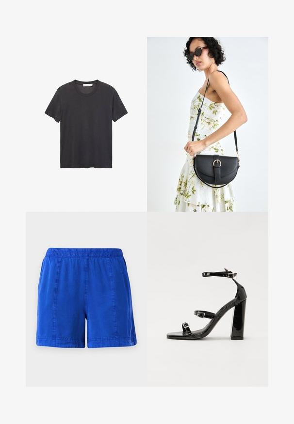 Schwarzes Rundhals-T-Shirt aus weicher Baumwolle. Kurze Ärmel, lockere Passform und gerader Saum ohne Verzierungen oder Muster.; Blaue Baumwollshorts mit einem elastischen Bund, seitlichen Taschen und gesteppten Nähten, die eine glatte Textur und ein lässiges Design aufweisen.; Schwarze Lackleder-Sandalen mit hohen Absätzen, zwei Riemen mit Schnallen, quadratischer Zehenpartie und klobigem Blockabsatz, mit einer glatten, glänzenden Textur.; Schwarze Lederhandtasche mit geschwungener Form, abnehmbarem Tragegurt und goldenen Beschlägen. Die Tasche verfügt über einen Deckel mit einer Schnallen-Details.