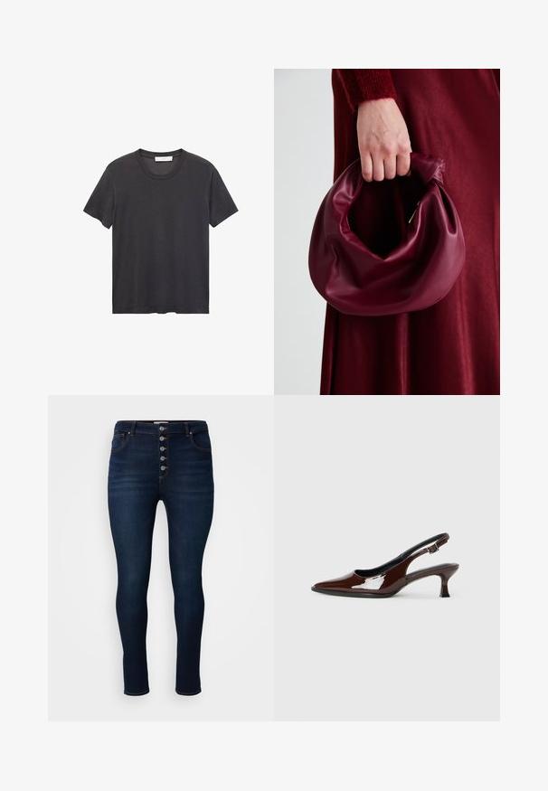Tricou negru cu guler rotund, fabricat din bumbac moale. Mâneci scurte, croială lejeră și tiv drept, fără broderii sau modele.; Jeans din denim de culoare albastru închis, cu talie înaltă și croială skinny. Dispune de cinci butoane metalice, cusături contrastante și un design clasic cu cinci buzunare.; Pantofii slingback din piele patent maro, cu vârful ascuțit și un toc moderat. Prezintă o curea cu prindere pentru o potrivire sigură. Textură netedă.; Geantă de mână din piele burgundă, cu un design moale și pliat și o formă rotundă. Mânerele sunt securizate, evidențiind o textură netedă.