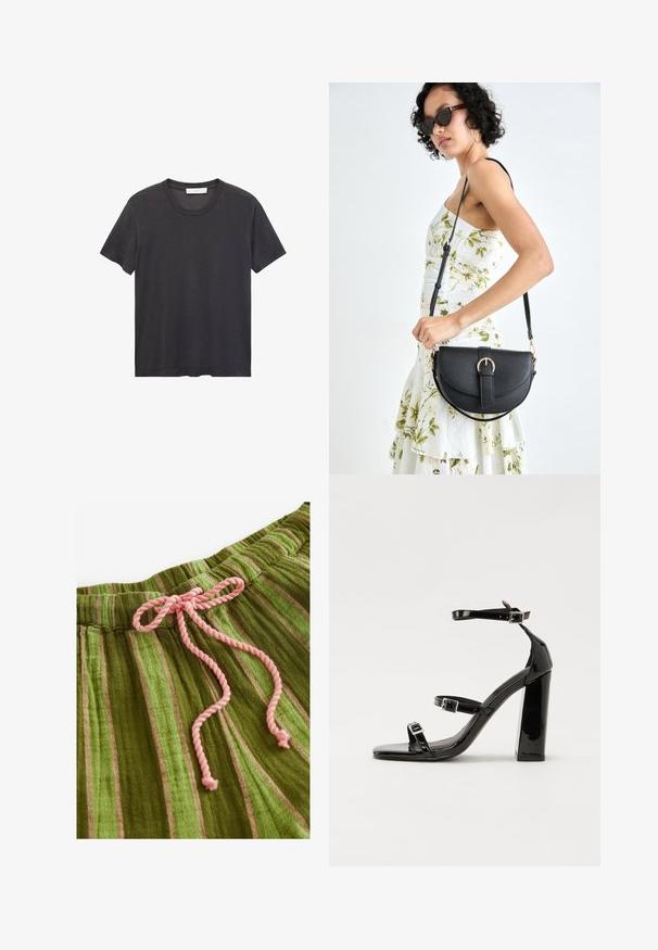 T-shirt nera a girocollo realizzata in cotone morbido. Maniche corte, vestibilità rilassata e orlo dritto senza decorazioni né motivi.; Tessuto a strisce verdi con una consistenza morbida e cordoncino rosa. Presenta strisce verticali di tonalità variabili e una vita arricciata.; Sandali con tacco in vernice nera, con punta squadrata, cinturini alla caviglia e fibbie in argento. Presentano un tacco a blocco spesso per maggiore stabilità.; Borsa a tracolla nera in pelle con una forma curva, manico rimovibile e accessori dorati. La borsa presenta una patta con un dettaglio a fibbia.