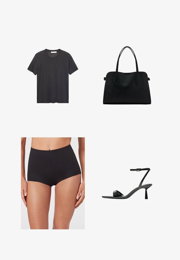 Černé tričko s kulatým výstřihem vyrobené z jemné bavlny. Krátké rukávy, volný střih a rovný lem bez zdobení nebo vzorů.; Černé vyšší kalhotky vyrobené z hladkého materiálu, s bezešvým designem a rovnými výřezy na nohávě.; Bershka Sandály na vysokém podpatku - black; Černá kožená kabelka s dvojitými ramenními popruhy, obdélníkový tvar a minimalistický design na bílém pozadí.