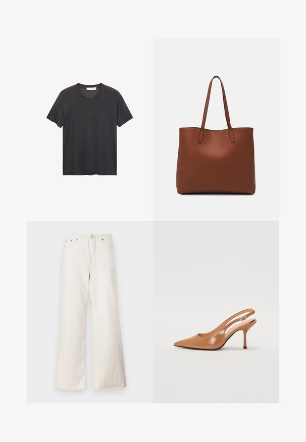 Sort crew-neck t-shirt lavet af blødt bomuldsstof. Korte ærmer, afslappet pasform og lige kant uden udsmykninger eller mønstre.; Hvide brede denimbukser med snøre i taljen, forlommer og subtile syninger. Lavet af robust bomuldsstof.; Spids tå slingback hæl i et glat, blankt tan materiale. Har et buet udskæring design og en slank stiletto hæl. Sølv spænde detalje.; Brun læder tote taske med en glat overflade, åben topdesign og to skulderremme. Har minimal syning og ingen synlig hardware.