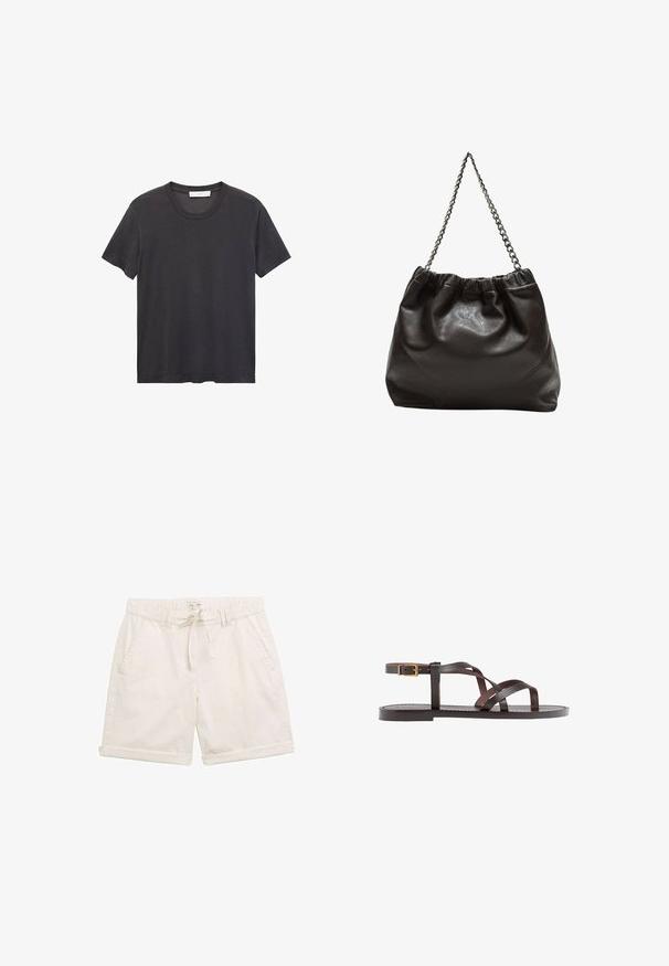 Czarna koszulka bawełniana z okrągłym dekoltem. Krótkie rękawy, luźny krój i prosty dół bez ozdób czy wzorów.; Jasno beżowe szorty wykonane z bawełny, z elastycznym paskiem w talii, przednimi kieszeniami oraz podwiniętymi mankietami. Prosta, teksturowana tkanina i sznurek do zaciągania.; Brązowe skórzane sandały z krzyżującymi się paskami, zapięciem na klamrę przy kostce oraz płaską podeszwą z minimalnymi detalami szycia.; Brązowa skórzana torba z marszczonym szczytem i łańcuszkowym paskiem. Gładka tekstura z błyszczącym wykończeniem i subtelnymi detalami szwów po bokach.