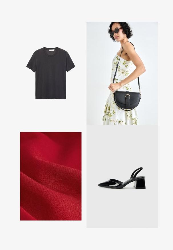 Sort crew-neck t-shirt lavet af blødt bomuldsstof. Korte ærmer, afslappet pasform og lige kant uden udsmykninger eller mønstre.; Rød stof med en glat tekstur, der har en fin vævning og let glans, og viser bløde folder og konturer.; Sorte patentlæder slingback hæle med spids tå og en geometrisk blok hæl. Har et elegant, minimalistisk design og en glat tekstur.; Sort læderhåndtaske med en buet form, aftagelig rem og guldfinish. Tasken har en klap med en spænde detalje.