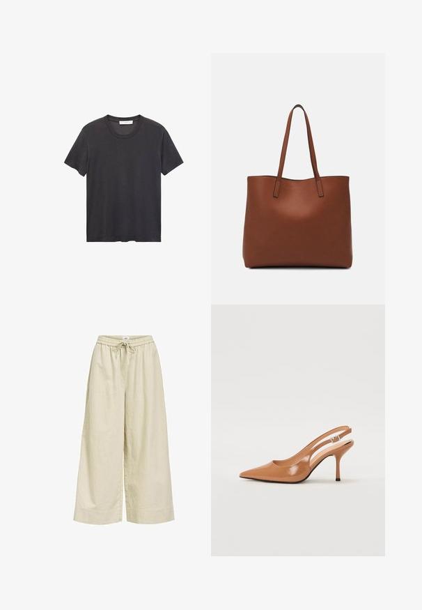 Schwarzes Rundhals-T-Shirt aus weicher Baumwolle. Kurze Ärmel, lockere Passform und gerader Saum ohne Verzierungen oder Muster.; Beige weite Hosen aus leichtem Stoff, mit einem elastischen Bund und Zugband sowie seitlichen Taschen. Texturierte Oberfläche.; Spitz zulaufender Slingback-Absatz aus einem glatten, glänzenden, tanfarbenen Material. Mit einem geschwungenen Ausschnitt-Design und einem schlanken Stiletto-Absatz. Silberne Schnallendetails.; Braune Leder-Tote mit glatter Textur, offenem Oberteil und zwei Schulterriemen. Verfügt über minimale Nähte und keine sichtbaren Beschläge.