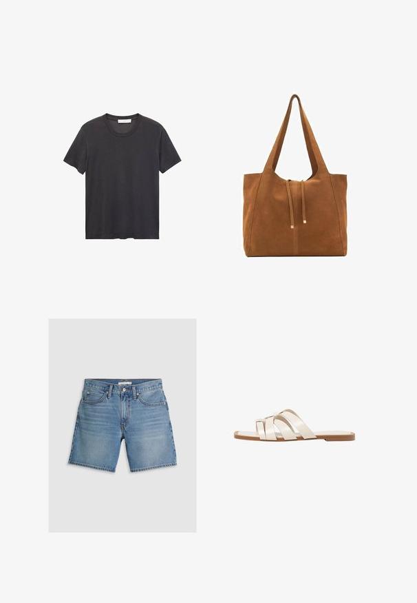 Svart t-shirt med rund halsringning tillverkad av mjuk bomull. Korta ärmar, avslappnad passform och rak fåll utan utsmyckningar eller mönster.; Jeansshorts i ljusblått, med rak skärning, fem fickor och knappstängning. Tillverkade av bomull med en mjuk textur.; Platta sandaler med en brun gummisula, designade med tre överlappande vita läderspännen och en liten rosett i mitten.; Brun mockaläders toteväska med två långa remmar, dragsko-stängning och minimalistisk design. Slät textur och inga synliga metallaccenter.