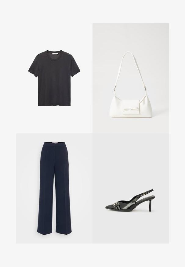 Crna majica s okruglim izrezom napravljena od mekanog pamuka. Kratki rukavi, opušteni kroj i ravni rub bez ukrasnih elemenata ili uzoraka.; Mornarsko plave hlače s visokim strukom i širokim nogavicama izrađene od glatkog materijala, s plisiranim detaljima, ravnim prednjim dijelom i čistim dizajnom bez vidljive opreme.; Crna lakirana slingback cipela s izduženim vrhom, remenčićima oko gležnja s srebrnim kopčama i dijelovima, te vitkim potplatom.; Bijela sintetička torbica s trokutastim oblikom, ravnim prednjim poklopcem i detaljem u obliku mašne, podesivom remenom, glatkom teksturom i minimalističkim dizajnom.