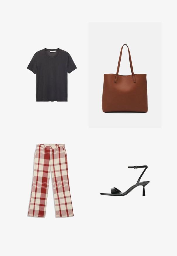 Black crew-neck t-shirt made of soft cotton. Short sleeves, relaxed fit, and straight hem with no embellishments or patterns.; Thinking Mu HERMIONE - Trousers - red; Bershka High heeled sandals - black; Brown leather tote bag with a smooth texture, open top design, and two shoulder straps. Features minimal stitching and no visible hardware.