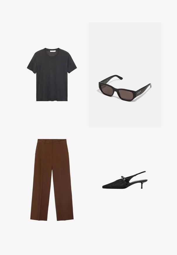 Černé tričko s kulatým výstřihem vyrobené z jemné bavlny. Krátké rukávy, volný střih a rovný lem bez zdobení nebo vzorů.; Hnědé široké kalhoty vyrobené z hladkého materiálu s vysokým pasem, které mají přední kapsy a úhledný záhyb na přední straně.; Černé slingback podpatky s špičatou špičkou, texturovaný síťovaný svršek, úzký nastavitelný pásek se stříbrnou sponou a 5 cm jehlové podpatky.; Černé obdélníkové sluneční brýle s tmavými skly. Vybaveny hladkým plastovým rámečkem a detailem loga na spánku. Čistý, moderní design.; Hnědá semišová kabelka se skládáním, s jedním světlým koženým popruhem a decentním zlatým logem na přední straně.