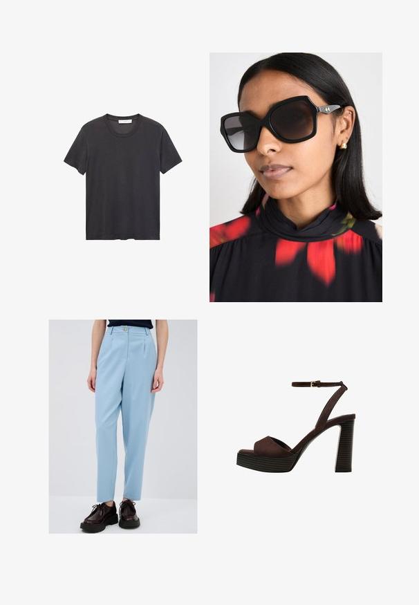 Sort crew-neck t-shirt lavet af blødt bomuldsstof. Korte ærmer, afslappet pasform og lige kant uden udsmykninger eller mønstre.; Lysblå, skræddersyede bukser med plisseringer, der har knaplukning og lommer. Sammen med mørke snørebåndssko og en mørk overdel.; Brune ruskinds højhælede sandal med åben tå, justerbar ankelrem og en stribet plade sål.; Sorte oversized solbriller med en geometrisk ramme, mørkt tonede linser og hardware i guldtoner, båret med en blomstret mønstret bluse med høj krave.