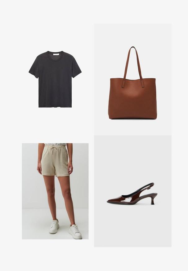 Zwarte crew-neck t-shirt gemaakt van zachte katoen. Korte mouwen, relaxte pasvorm en rechte zoom zonder versieringen of patronen.; Beige shorts gemaakt van een lichtgewicht stof met een elastische tailleband en drawstring. Gecombineerd met witte sneakers op een neutrale achtergrond.; Bruine gepatineerde leren slingback-schoen met een spitse neus en een gematigd hakje. Voorzien van een gespsluiting voor een veilige pasvorm. Glad van textuur.; Bruine leren tote bag met een gladde textuur, een ontwerp met een open bovenkant en twee schouderbanden. Kenmerkt zich door minimale stiksels en geen zichtbare hardware.