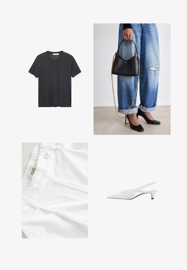 Zwarte crew-neck t-shirt gemaakt van zachte katoen. Korte mouwen, relaxte pasvorm en rechte zoom zonder versieringen of patronen.; Witte broek gemaakt van lichtgewicht stof, met een knoopsluiting, vlakke tailleband en een label met de tekst "next." Gladde textuur en geen patronen.; Witte slingback hak met spitse neus, voorzien van een gladde bovenkant, subtiele uitsparingen en een lage blokhak. Zwarte zool accentueert het ontwerp.; Zwarte leren handtas met een gebogen vorm, korte handgreep en gouden kettingriem. Draag hem bij versleten blauwe denim en zwarte hoge hakken.