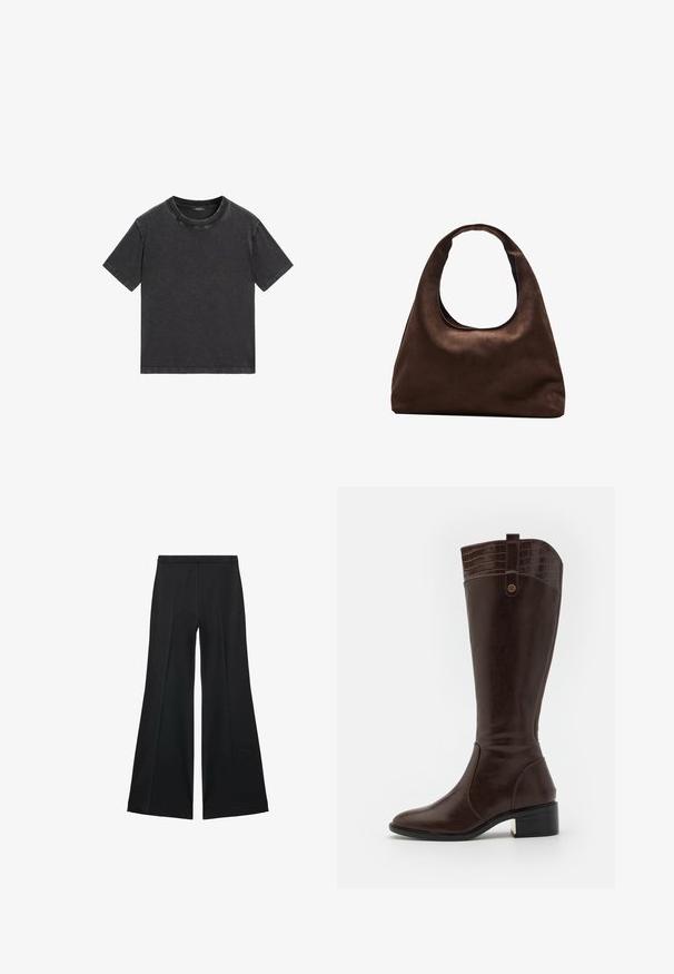 T-shirt a maniche corte e collo rotondo in tessuto denim grigio scuro. Presenta un fit rilassato con dettagli di cucitura minimi e una texture leggermente sbiadita.; Pantaloni neri a gamba larga con una texture liscia, caratterizzati da pieghe frontali e un design sartoriale. Il tessuto è leggero e fluido.; Anna Field Stivali alti - brown; Borsa hobo di un morbido marrone con una sola tracolla larga e un'apertura a manico curvo, esposta su uno sfondo bianco.