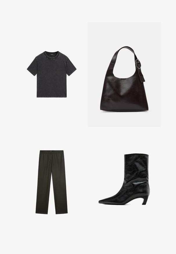 Short-sleeve, crew-neck t-shirt in dark gray denim fabric. Features a relaxed fit with minimal stitching details and a slightly faded texture.; Dark green, wide-legged trousers with a smooth texture, elastic waistband, and side pockets. Simple design with no visible patterns or hardware.; Black leather ankle boot with a pointed toe and a low, tapered heel. Features a smooth texture with subtle creases on the surface.; Brown leather shoulder bag with a smooth texture, rounded shape, wide strap, and circular metallic accent on the handle.
