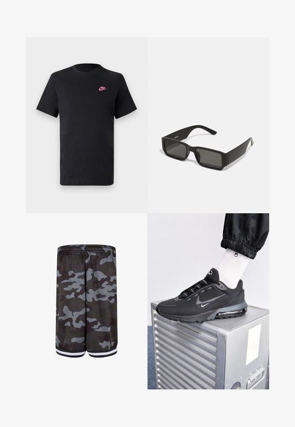 Černé bavlněné tričko s kulatým výstřihem a krátkými rukávy. Na horní levé straně se nachází růžové logo Nike. Hladká textura.; Maskovací šortky s síťovanou texturou, převážně šedé s tmavě zelenými akcenty, elastickým pasem a bílým pruhem na lemu.; Nike Sportswear PULSE - Tenisky - black/anthracite; Černé sluneční brýle s obdélníkovými čočkami, matný plastový rám a rovné okraje. Obsahují logo značky na vnitřní straně ramena.