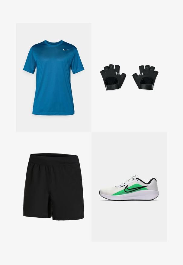 Īsām piedurkņu sporta t-krekls zilā krāsā, izgatavots no gludas, mitrumu uzsūcošas auduma. Tam ir apaļš izgriezums un mazs logo uz krūtīm.; Melnas sporta bikses ar plašu elastīgu jostu, gludu tekstūru un sānu kabatām. Izstrādātas komfortam un ērtai kustībai.; Balta sporta apava ar zaļu akcentu, melnu logo, sietiņu augšu, mīkstu zoli un noapaļotu papēdi. Iekļauj lences un kontrastējošas detaļas.; Melnas, bezpirkstu treniņu cimdus ar regulējamu plaukstas siksnu. Iezīmēta teksturēta saķere un izteiksmīgs logo aizmugurē. Izturīgs materiāls.