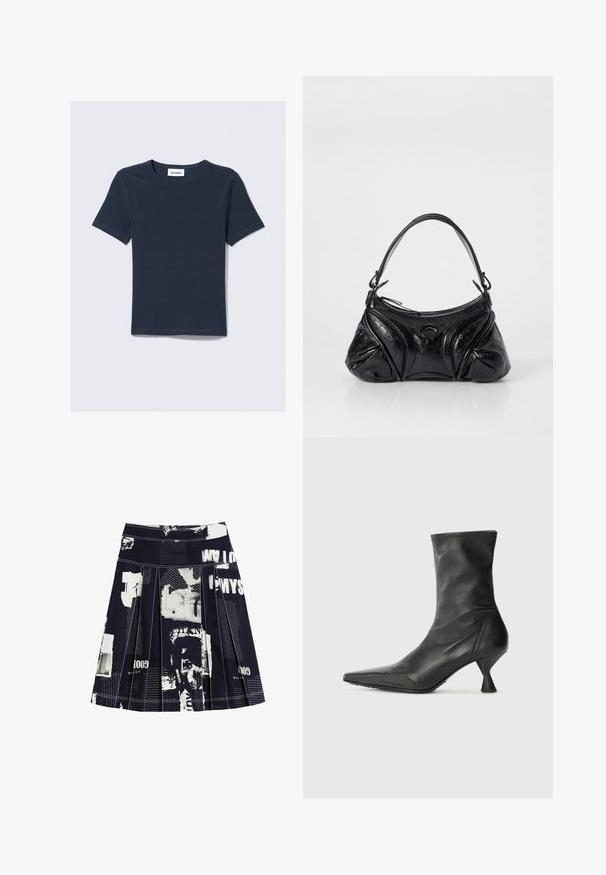 Námořnická modrá tričko s krátkým rukávem a kulatým výstřihem. Vyrobeno z měkké tkaniny, na krku s etiketou "WEEKDAY".; Černá plisovaná sukně s koláží bílého textu a grafik, s kontrastním prošíváním a pasem pro perfektní střih.; Černá kožená kotníková bota s špičatou špičkou, texturovanou špičkovou částí a štíhlým, kuželovitým podpatkem. Hladký povrch se jemnými švy.; Černá kabelka vyrobená z texturované kůže s kulatým tvarem. Obsahuje tenký ramenní popruh a dekorativní reliéfní vzory.