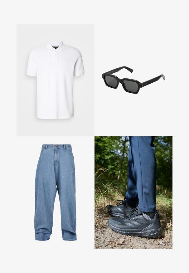Weißes Polohemd aus Baumwolle. Verfügt über einen klassischen Kragen, eine Drei-Knopf-Leiste und kurze Ärmel. Dezentes Logo auf der Brust gestickt.; Hellblaue Jeanshosen mit lockerem Schnitt, Knopfverschluss, frontalen Taschen und umgeschlagenem Saum, ausgestattet mit einem klassischen Fünf-Taschen-Design.; Schwarze Wanderschuhe mit strukturiertem Obermaterial, Design mit drei Streifen und robusten Sohlen, kombiniert mit navyfarbenen Hosen und grauen Socken in einer natürlichen Umgebung.; Schwarze, quadratische Sonnenbrillen mit grauen Gläsern. Dicke Kunststoffrahmen verfügen über goldene Akzente und Branding an den Schläfen. Glatte Textur.