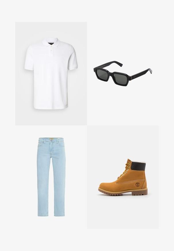 Bijela polo majica od pamuka. Ima klasičan ovratnik, placket s tri gumba i kratke rukave. Diskretni logo izvezen na prsima.; Svijetloplave traperice s ravnim krojem, klasičnim dizajnom s pet džepova, te patentnim zatvaračem sa metalnim kopčanjem.; Smeđi kožni gležnjača sa metalnim okovima, bijelim krznom obloženim unutrašnjim dijelom, crnim podstavljenim okovratnikom, robusnom potplatom i utisnutim logoom na strani.; Crne, četvrtaste sunčane naočale s sivim lećama. Debeli plastični okviri imaju zlatne naglaske i brendiranje na sljepoočnicama. Glatka tekstura.