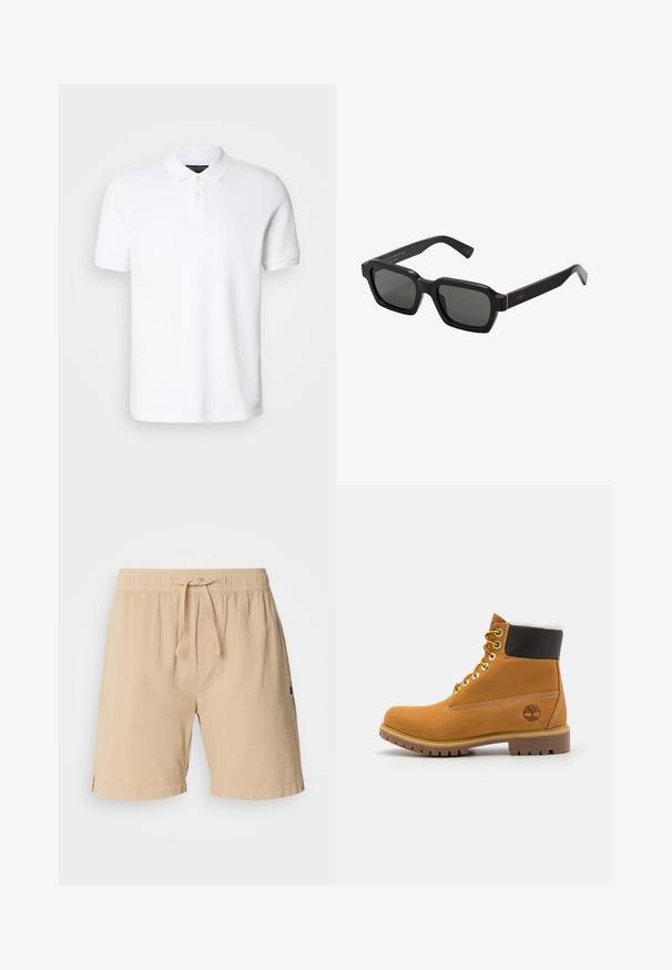 White polo shirt made of cotton. Features a classic collar, three-button placket, and short sleeves. Subtle logo embroidered on chest.; Beige shorts made of cotton with an elastic waistband, drawstring closure, side pockets, and stitched hem details.; Brown leather ankle boot with metal eyelets, white fur lining, black padded collar, rugged sole, and embossed logo on the side.; Black, square-shaped sunglasses with gray lenses. Thick plastic frames feature gold accents and branding on the temple. Smooth texture.