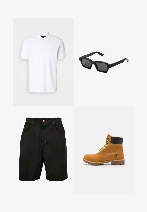 Bijela polo majica od pamuka. Ima klasičan ovratnik, placket s tri gumba i kratke rukave. Diskretni logo izvezen na prsima.; Crne pamučne kratke hlače s pojasom, dva prednja džepa i jednim zatvaračem na dugme. Imaju teksturirani materijal i minimalno detalja.; Smeđi kožni gležnjača sa metalnim okovima, bijelim krznom obloženim unutrašnjim dijelom, crnim podstavljenim okovratnikom, robusnom potplatom i utisnutim logoom na strani.; Crne, četvrtaste sunčane naočale s sivim lećama. Debeli plastični okviri imaju zlatne naglaske i brendiranje na sljepoočnicama. Glatka tekstura.