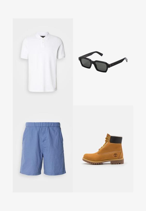 Polo blanca de algodón. Con un cuello clásico, tapeta de tres botones y mangas cortas. Logo sutil bordado en el pecho.; Bañador azul, ligero, con cinturilla elástica, parte delantera plana y bolsillos laterales. Fabricado con una tela suave y transpirable, adecuada para clima cálido.; Botín de cuero marrón con ojales de metal, forro de piel sintética blanca, cuello acolchado negro, suela resistente y logotipo en relieve en el costado.; Gafas de sol negras, con forma cuadrada y lentes grises. Las gruesas monturas de plástico presentan detalles en dorado y la marca en la patilla. Textura suave.