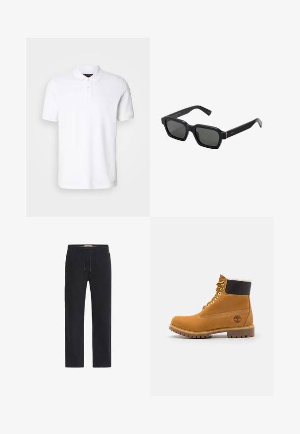 Valge puuvillane polo-särk. Omab klassikalist kraed, kolme nupuga kinnitamist ja lühikesi varrukaid. Rinnal on diskreetne tikitud logo.; Mustad sirgete säärtega püksid elastse vöökohaga ja reguleeritava nööriga. Valmistatud pehmest kangast, millel on sile tekstuur.; Pruun nahast pahkluu saabas metallist silmadega, valge karvane vooder, must pehmendatud krae, robustne tallal ja küljes reljeefne logo.; Mustad, nelkjalgsed prillid hallide objektiividega. Pakseplastist raamid on kuldsete aktsentidega ja kaubamärgiga templis. Sile pind.