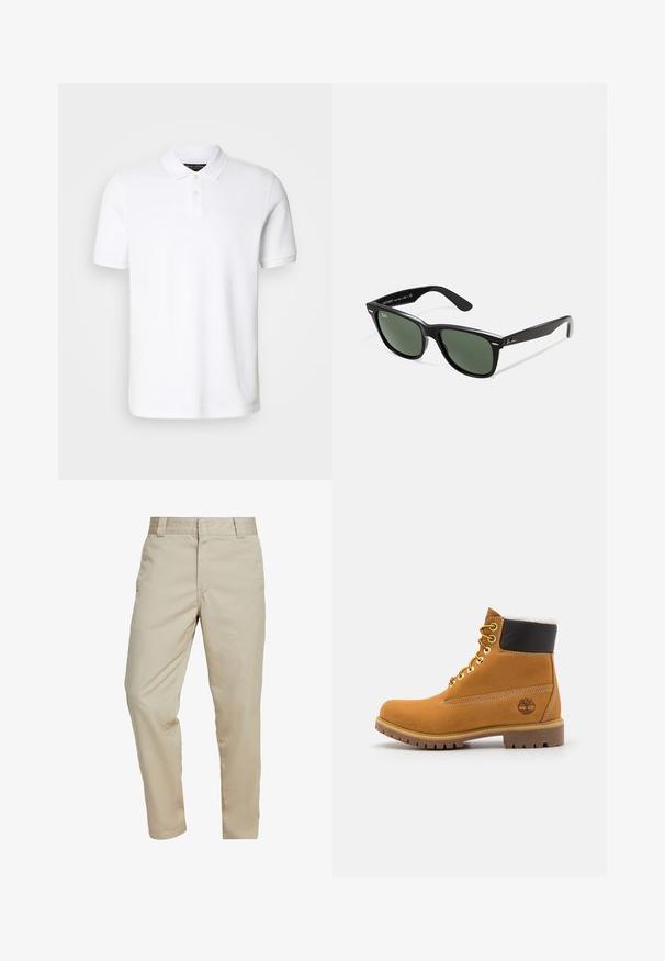 Polo bianco realizzato in cotone. Presenta un colletto classico, una chiusura a tre bottoni e maniche corte. Logo discreto ricamato sul petto.; Carhartt WIP MASTER PANT - Pantaloni - wall rinsed; Stivale alla caviglia in pelle marrone con occhielli metallici, fodera in pelliccia bianca, colletto imbottito nero, suola robusta e logo impresso sul lato.; Occhiali da sole in plastica nera con lenti verdi, montatura quadrata, dettaglio argento sulla parte superiore e steli con texture. Marchio indicato sulla parte interna dello stelo.