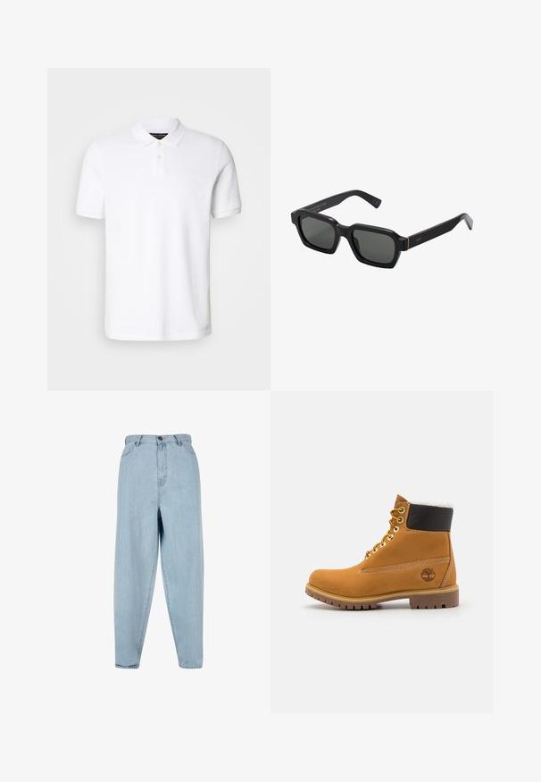 Biała koszulka polo wykonana z bawełny. Posiada klasyczny kołnierzyk, zapięcie na trzy guziki i krótkie rękawy. Subtelne logo haftowane na piersi.; Jasnoniebieskie dżinsy z wysokim stanem i luźnym krojem. Posiadają zapięcie na guzik z przodu, zamek błyskawiczny oraz pięć kieszeni. Lekko wyblakła tekstura materiału.; Brązowy skórzany but za kostkę z metalowymi oczkami, białym futerkiem w środku, czarnym wyściółką, solidną podeszwą i wytłoczonym logo po boku.; Czarne, kwadratowe okulary przeciwsłoneczne z szarymi soczewkami. Grube plastikowe oprawki mają złote akcenty i logo na skroni. Gładka tekstura.