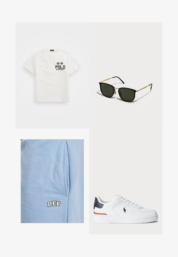 White cotton T-shirt with a round neck, featuring a black "Polo Motorsport" logo and crossed checkered flags on the left chest.; DEF Shorts - blue; White sneakers with textured leather upper, navy accent on heel, perforated toe, and orange detail on the midsole. Features logo on side.; Black cat-eye sunglasses with green lenses, gold metal accents, and slender black arms. Textured frame with a bold, geometric design.