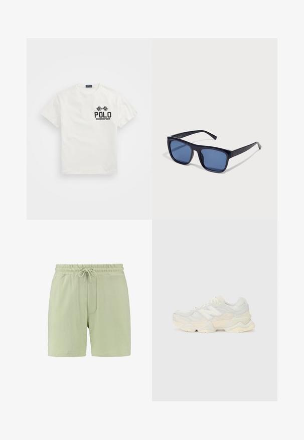 Biela bavlnená tričko s okrúhlym výstrihom, na ľavej hrudi s čiernym logom "Polo Motorsport" a prekrývajúcimi sa šachovnicovými vlajkami.; Svetlozelené šortky z jemnej látky, s elastickým pásom a sťahovacou šnúrkou, a bočnou vreckom. Hladká textúra, voľný strih.; Ľahká teniska s vrchom z nylonovej sieťoviny a zamatovej kože v jemných krémových odtieňoch, so robustnou podrážkou a trojrozmernými akcentmi.; Čierne plastové slnečné okuliare s obdĺžnikovými rámami, modro zafarbenými šošovkami a tenkými bočnými ramenami, s lesklým finišom.