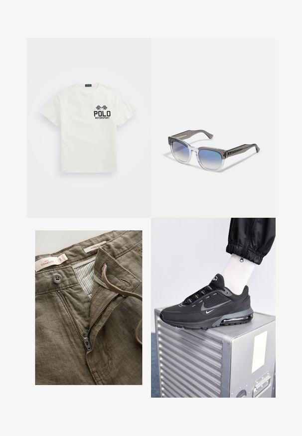 Witte katoenen T-shirt met een ronde hals, voorzien van een zwart "Polo Motorsport" logo en gekruiste geblokte vlaggen op de linkerborst.; Bruine linnen broek met een ritssluiting aan de voorkant, een knoopsluiting en een gestreepte voering. Inclusief stikseldetails en labels.; Nike Sportswear PULSE - Sneakers laag - black/anthracite; Grijze en doorzichtige frame zonnebril met een vierkante vorm, gradient blauwe lenzen en metalen accenten op de scharnieren. Lichtgewicht materiaal.