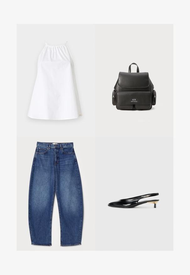 Weißes Oberteil mit Halterneck aus leichtem Stoff, das eine elastische Halslinie und Träger hat. Einfaches, lockeres Design ohne Muster oder Verzierungen.; Jeans aus Denim mit lockerer Passform, mittelhoher Taille, tiefblauem Farbton, verblasster Textur, Fünf-Taschen-Design und geradem Beinabschluss.; Schwarze Slingback-Pumps mit spitzem Zehenbereich, glänzendem Lederfinish und kleinem Absatz mit goldenen Akzenten. Elegantes Design mit offenem Rücken.; Schwarzer Leder-Rucksack mit Klappenverschluss, Fronttasche, seitlichen Reißverschlusstaschen und einem oberen Griff. Mit Logodetails auf der Vorderseite.
