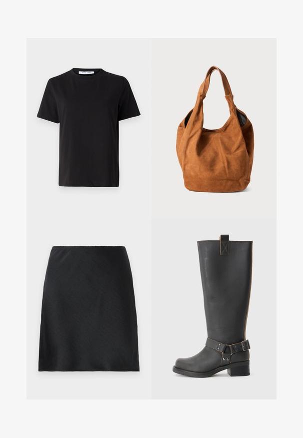 T-shirt preto de manga curta feito de algodão suave, com decote redondo, ajuste descontraído e uma textura suave. Sem padrões ou gráficos visíveis.; Saia mini de cetim preto com uma textura suave e bainha reta, apresentada contra um fundo branco liso.; Bota preta de couro até ao joelho com um acabamento texturizado, apresentando um detalhe de fivela lateral e um salto baixo. Costura detalhada ao longo das costuras.; Bolsa de ombro em camurça castanha com uma textura suave, forma curva e duas alças. Apresenta um design minimalista, sem hardware ou detalhes visíveis.