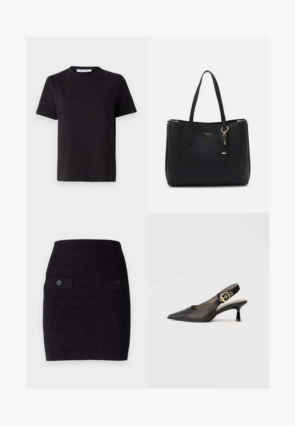 Schwarzes T-Shirt mit kurzen Ärmeln aus weicher Baumwolle, mit rundem Ausschnitt, lockerer Passform und glatter Textur. Keine sichtbaren Muster oder Grafiken.; Schwarzer Strickrock mit strukturiertem Muster, ausgestattet mit zwei aufgesetzten Taschen mit Knöpfen und einem taillierten Bund. Mittlere Oberschenkellänge.; Schwarzer Slingback-Highheel mit einer spitzen Zehe, glattem Ledertextur und einem goldfarbenen Schnallendetail am Riemen.; Schwarze Tragetasche aus strukturiertem synthetischem Material, mit zwei Griffen, einem goldenen Logo-Schild und einem kleinen Anhänger mit Akzentdetail.