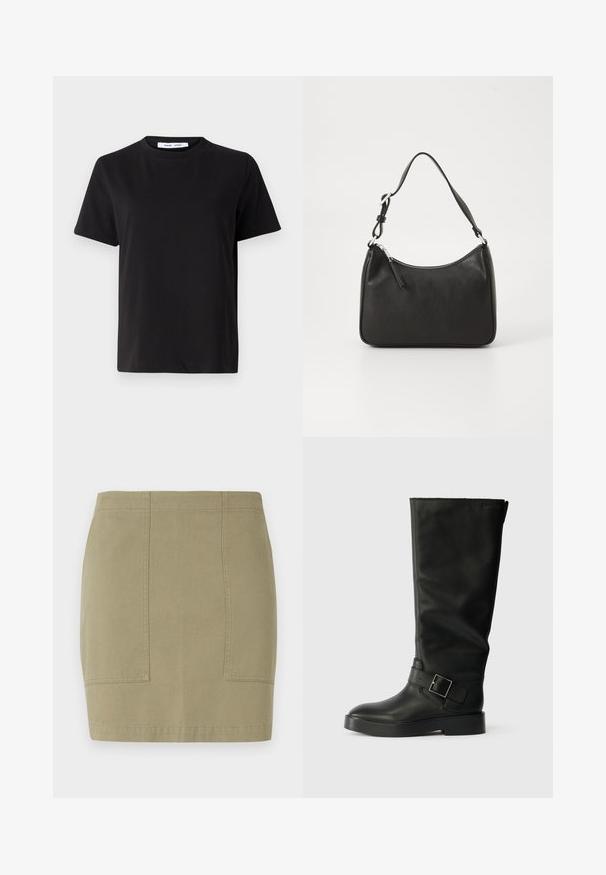 Schwarzes T-Shirt mit kurzen Ärmeln aus weicher Baumwolle, mit rundem Ausschnitt, lockerer Passform und glatter Textur. Keine sichtbaren Muster oder Grafiken.; Knie-lange, olivgrüne Skirt aus Baumwollmischung, mit seitlichen Taschen und sauberem Nähten. Glatte Textur, taillierte Silhouette.; Schwarze kniehohe Stiefel aus glattem Leder, mit runder Zehenpartie, dicker Sohle und einem horizontalen Riemen mit rechteckiger Schnalle.; Schwarze Lederhandtasche mit geschwungener Form, einem einzigen Tragegurt, Reißverschlussverschluss und dezentem Branding auf der Vorderseite. Glatte Textur, minimalistisches Design.